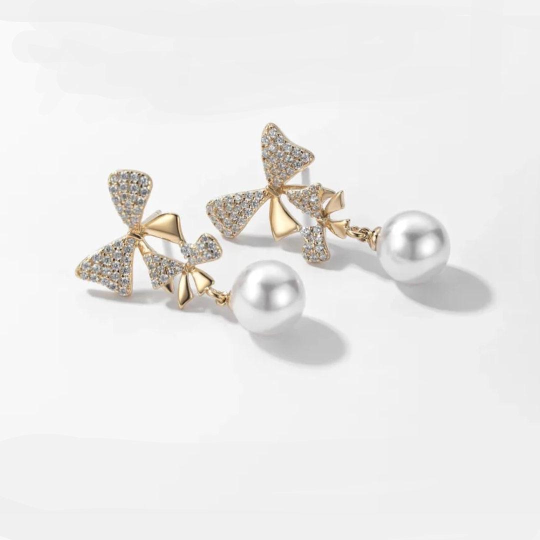 Double Bow Pearl Drop Earrings shop name