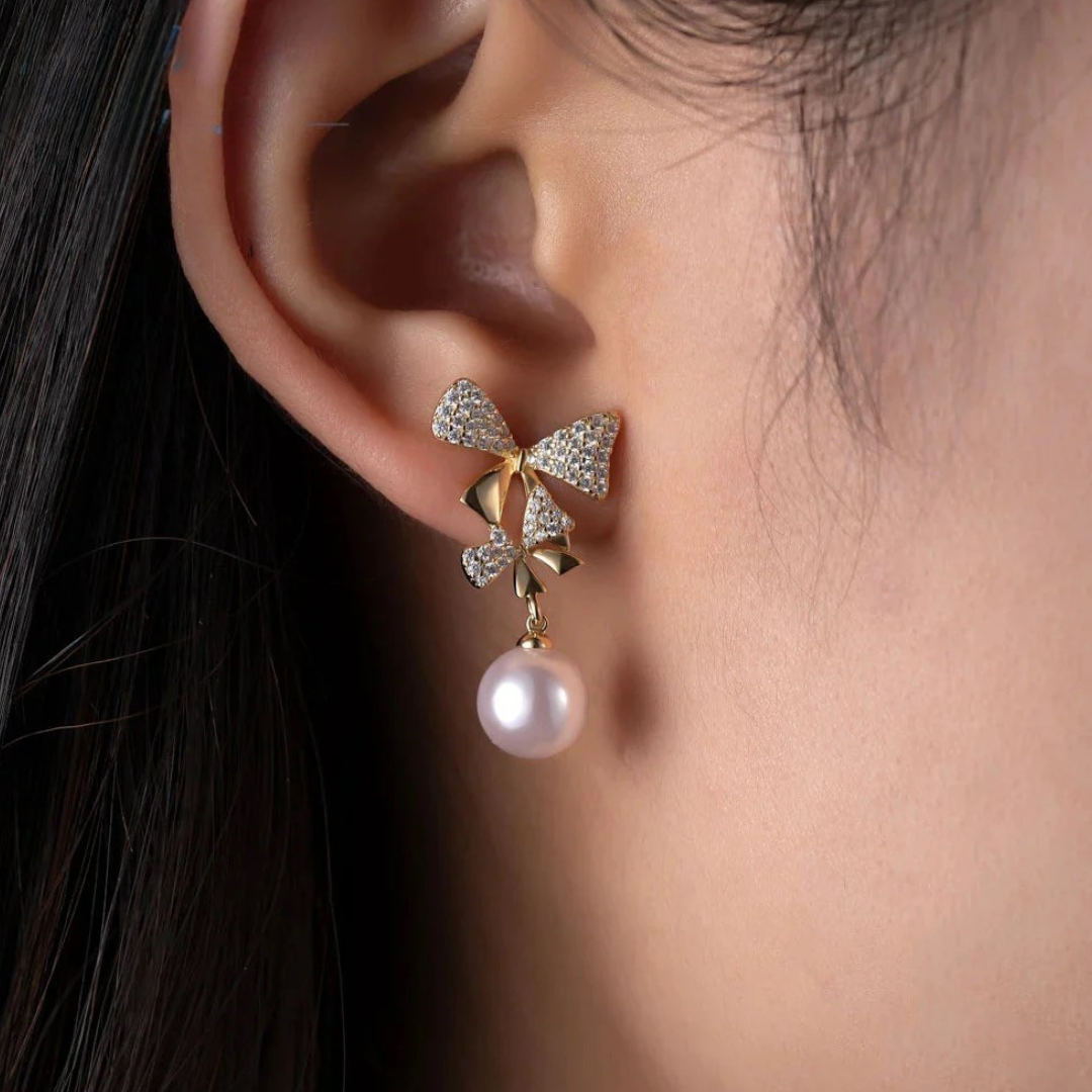 Double Bow Pearl Drop Earrings shop name