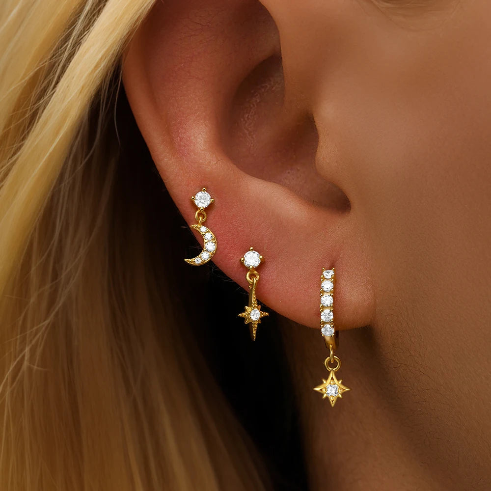 3pcs/set s925 sterling silver star stud earrings hoop earrings set for women shop name