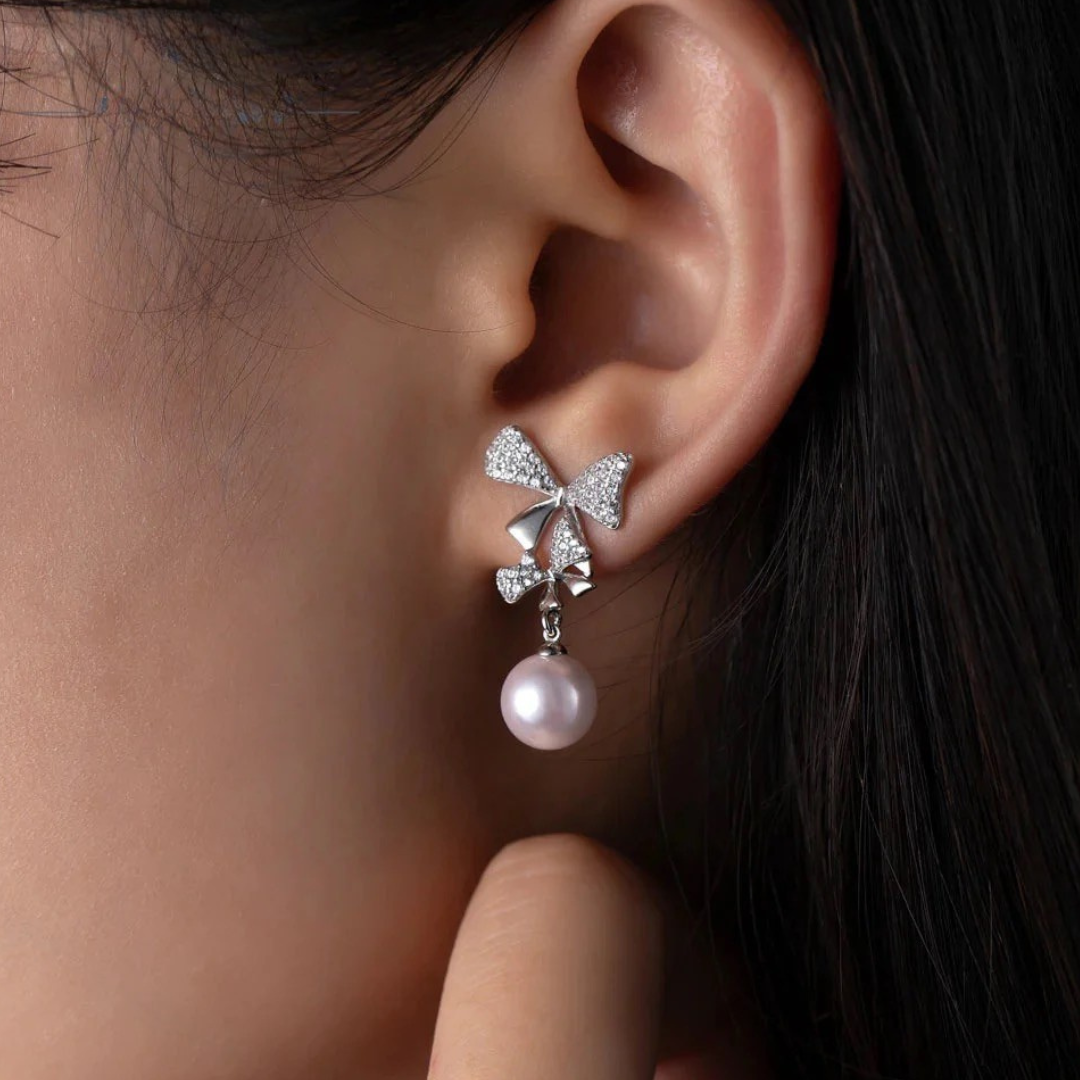 Double Bow Pearl Drop Earrings shop name