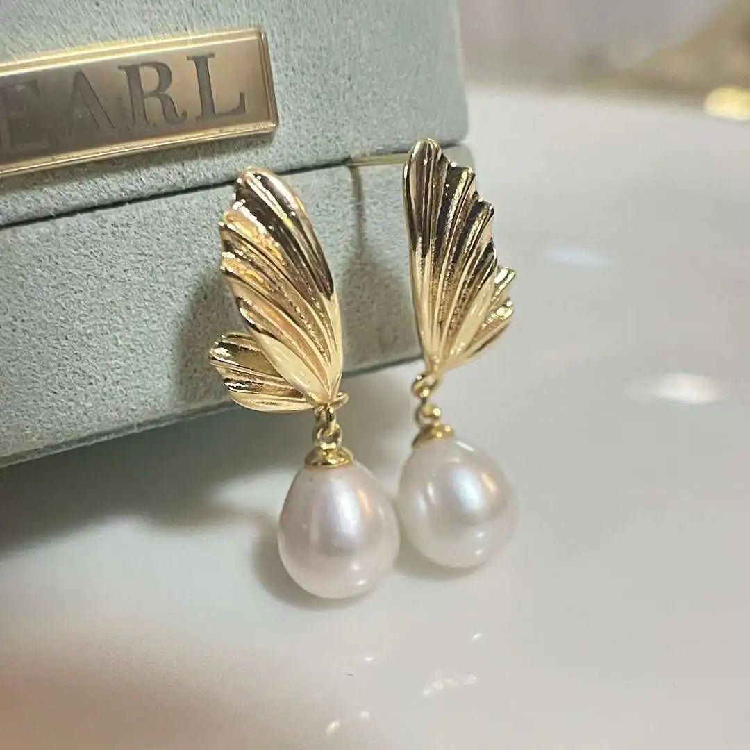 Freshwater Drop Shape Rice Pearls on Angel Wings