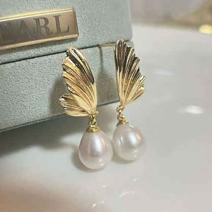 Freshwater Drop Shape Rice Pearls on Angel Wings