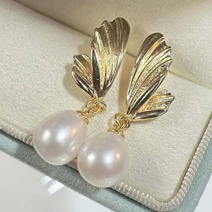 Freshwater Drop Shape Rice Pearls on Angel Wings