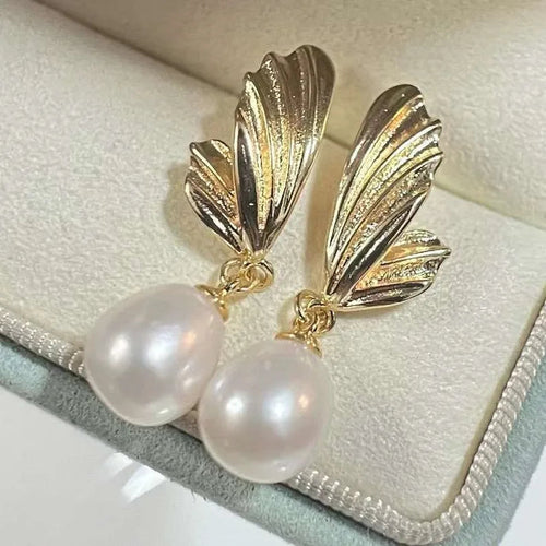 Freshwater Drop Shape Rice Pearls on Angel Wings