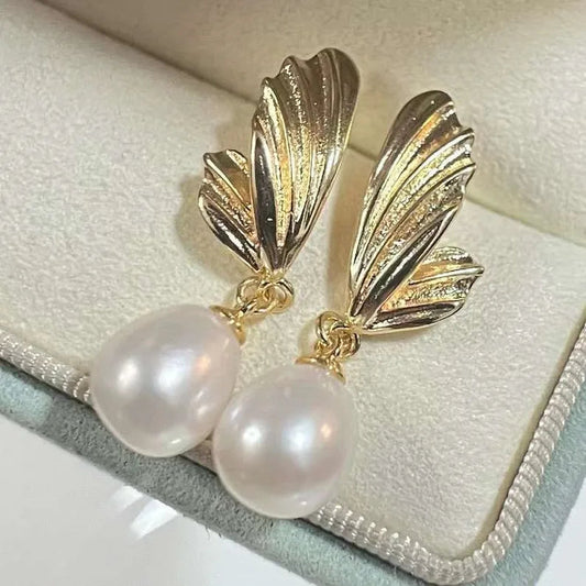 Freshwater Drop Shape Rice Pearls on Angel Wings