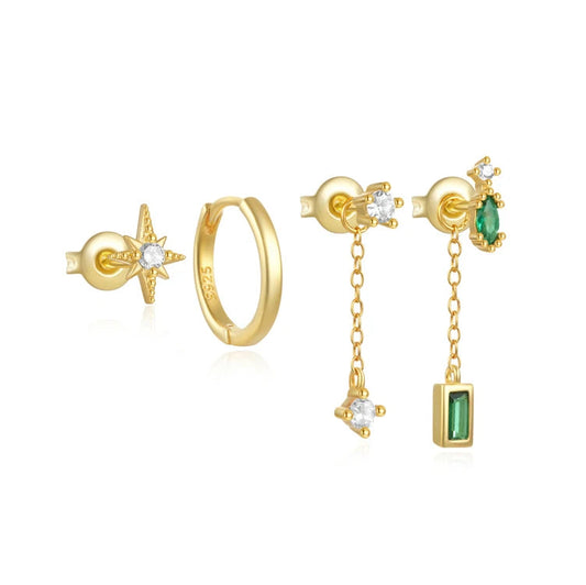 4 Sets Gold Emerald Earrings Plus 2 Charms