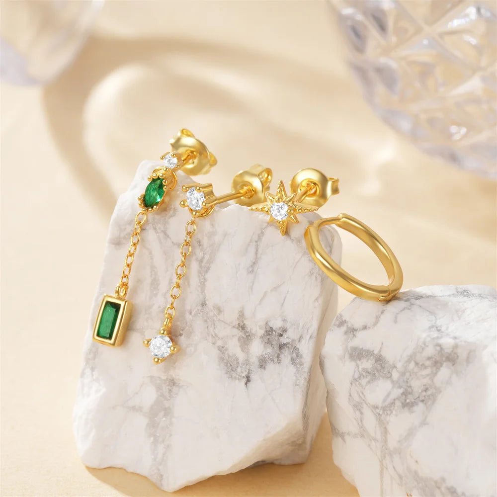 4 Sets Gold Emerald Earrings Plus 2 Charms