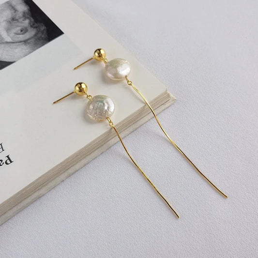 Modern Classy Long Drop Pearl Button Earrings shop name