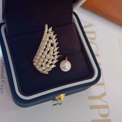 Exquisite shell beads inlaid 18K gold plated feather ring with 6-7mm high quality anillo de perlas girl temperament ring shop name