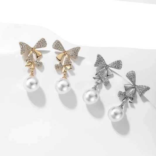 Double Bow Pearl Drop Earrings shop name