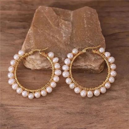 Boho Natural Pearl Hoops All sizes shop name