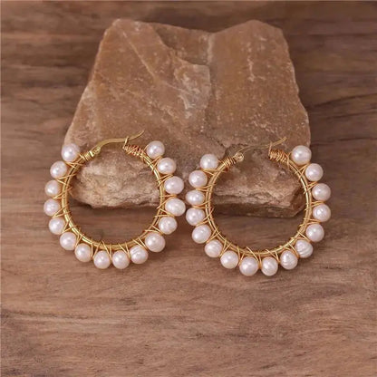 Boho Natural Pearl Hoops All sizes shop name