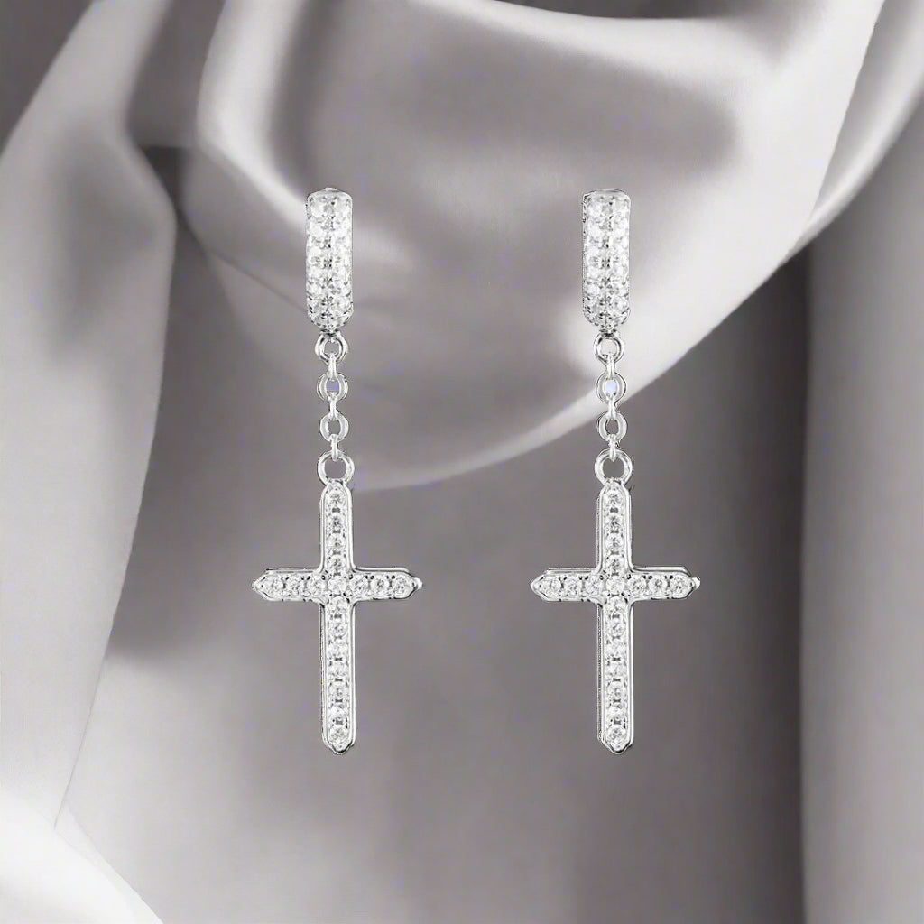 Silver Cross Dangle Moissanite Hoop Earrings 337 Lumeni Jewellery