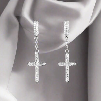 Silver Cross Dangle Moissanite Hoop Earrings 337 Lumeni Jewellery