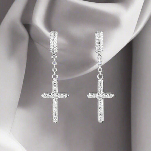 Silver Cross Dangle Moissanite Hoop Earrings 337 Lumeni Jewellery