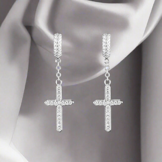 Silver Cross Dangle Moissanite Hoop Earrings 337 Lumeni Jewellery