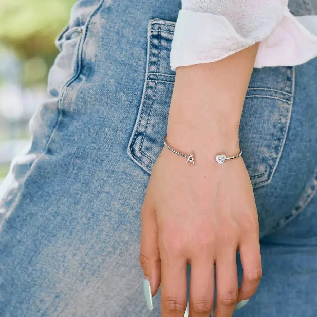 Solid Silver Pave Letter Open Bangle shop name